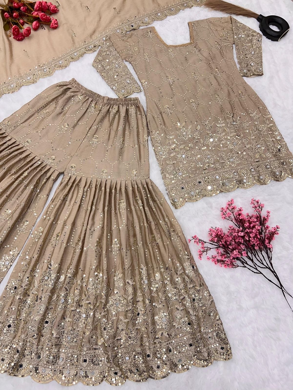 Heavy Chinon Silk Embroidered Sharara Set with Dupatta – Mirror & Sequence Work