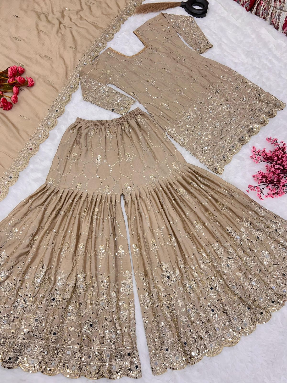 Heavy Chinon Silk Embroidered Sharara Set with Dupatta – Mirror & Sequence Work