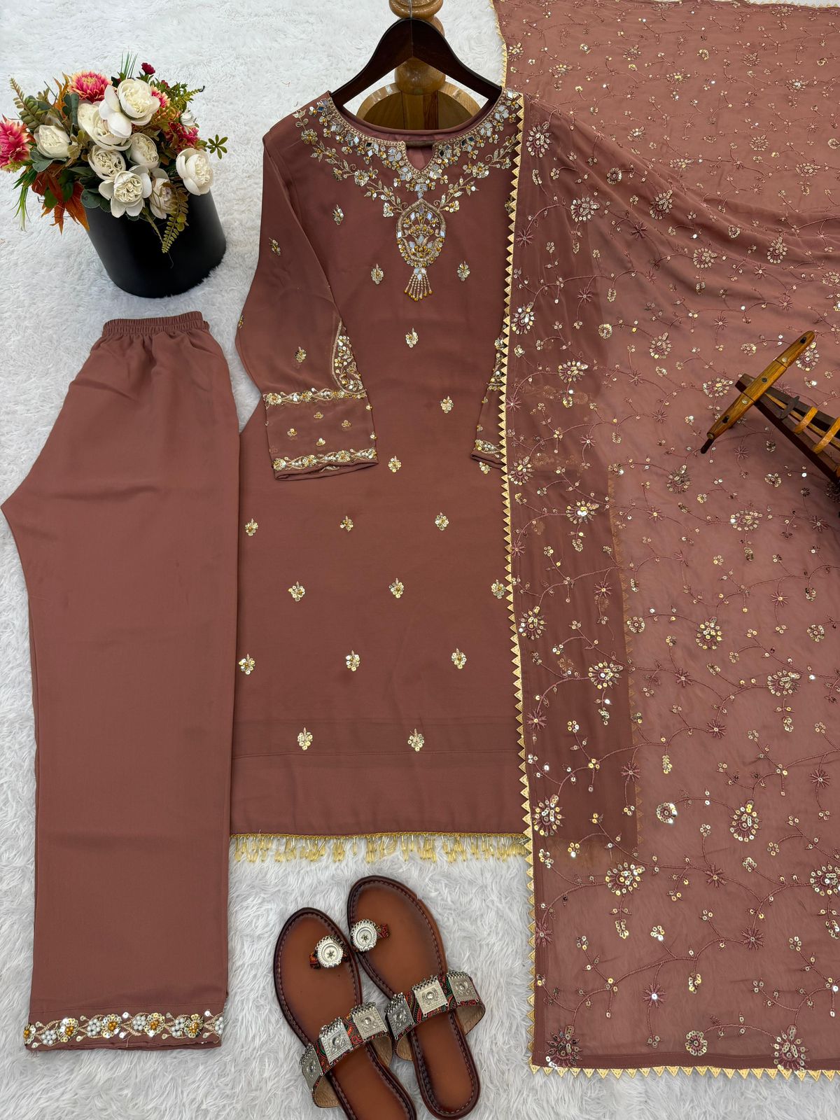 Heavy Faux Georgette Embroidered Top, Pant & Dupatta Set – Sequence & Beads Work