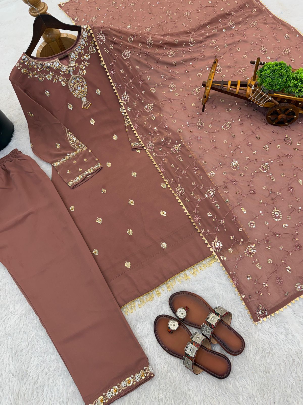 Heavy Faux Georgette Embroidered Top, Pant & Dupatta Set – Sequence & Beads Work