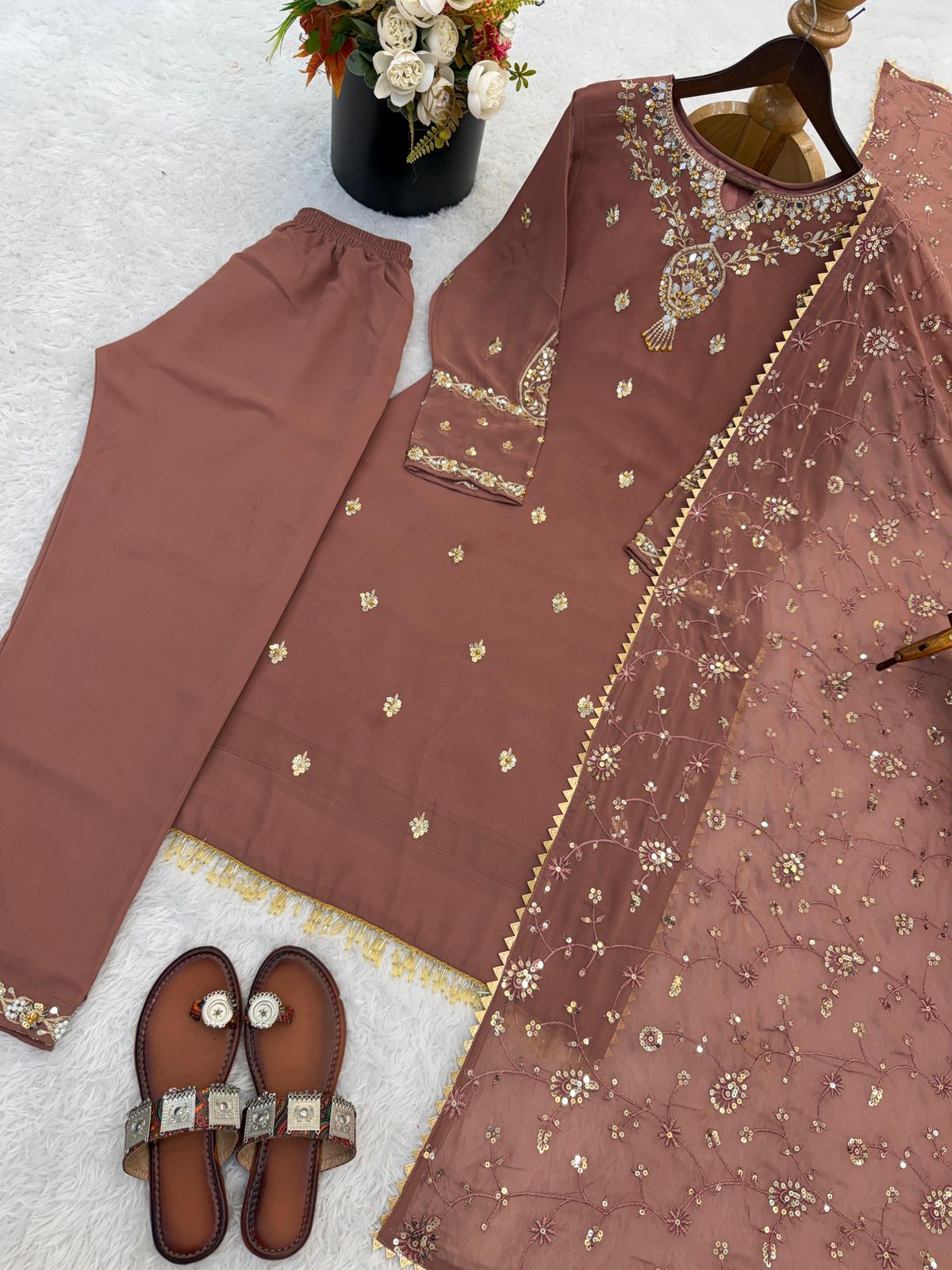 Heavy Faux Georgette Embroidered Top, Pant & Dupatta Set – Sequence & Beads Work