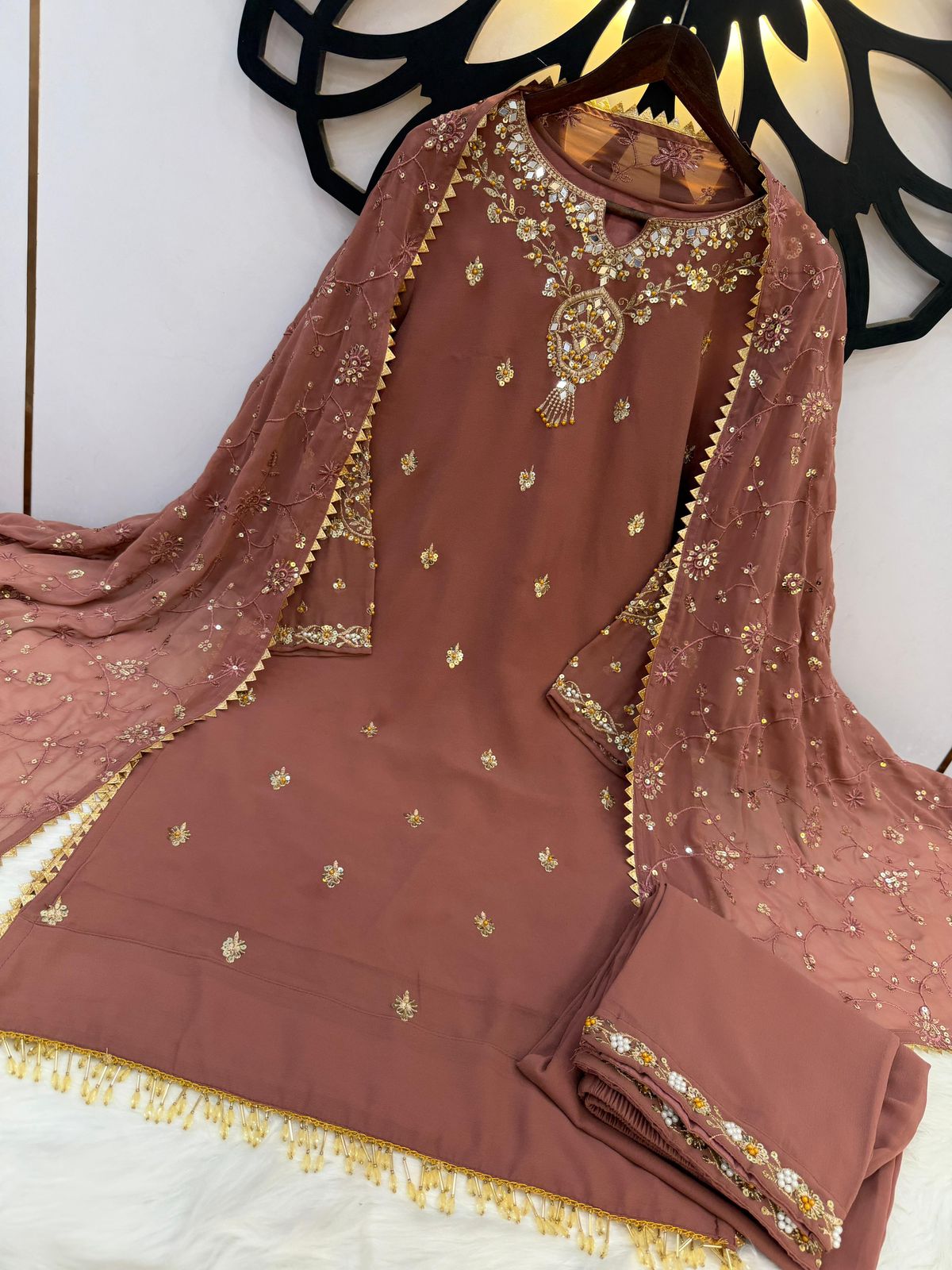 Heavy Faux Georgette Embroidered Top, Pant & Dupatta Set – Sequence & Beads Work