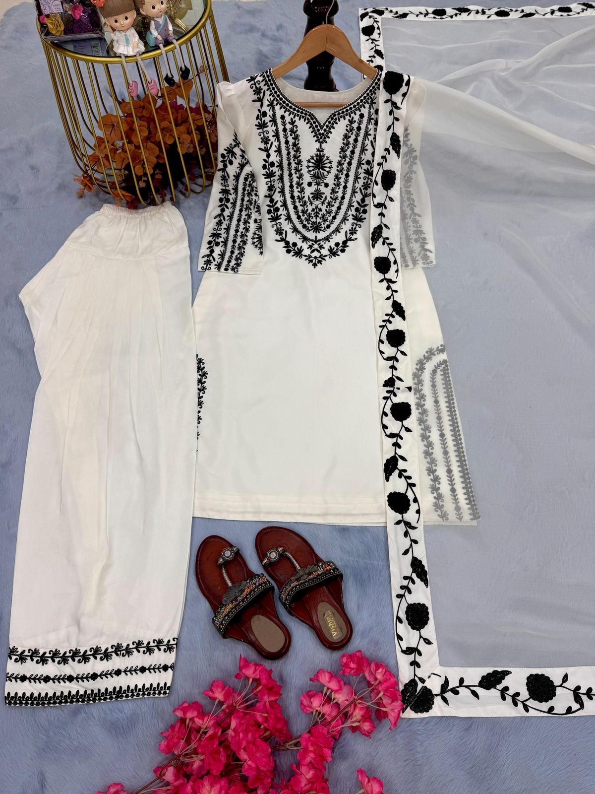 Designer Party Wear Natural Crepe Top & Farshi Palazzo With Dupatta Set
