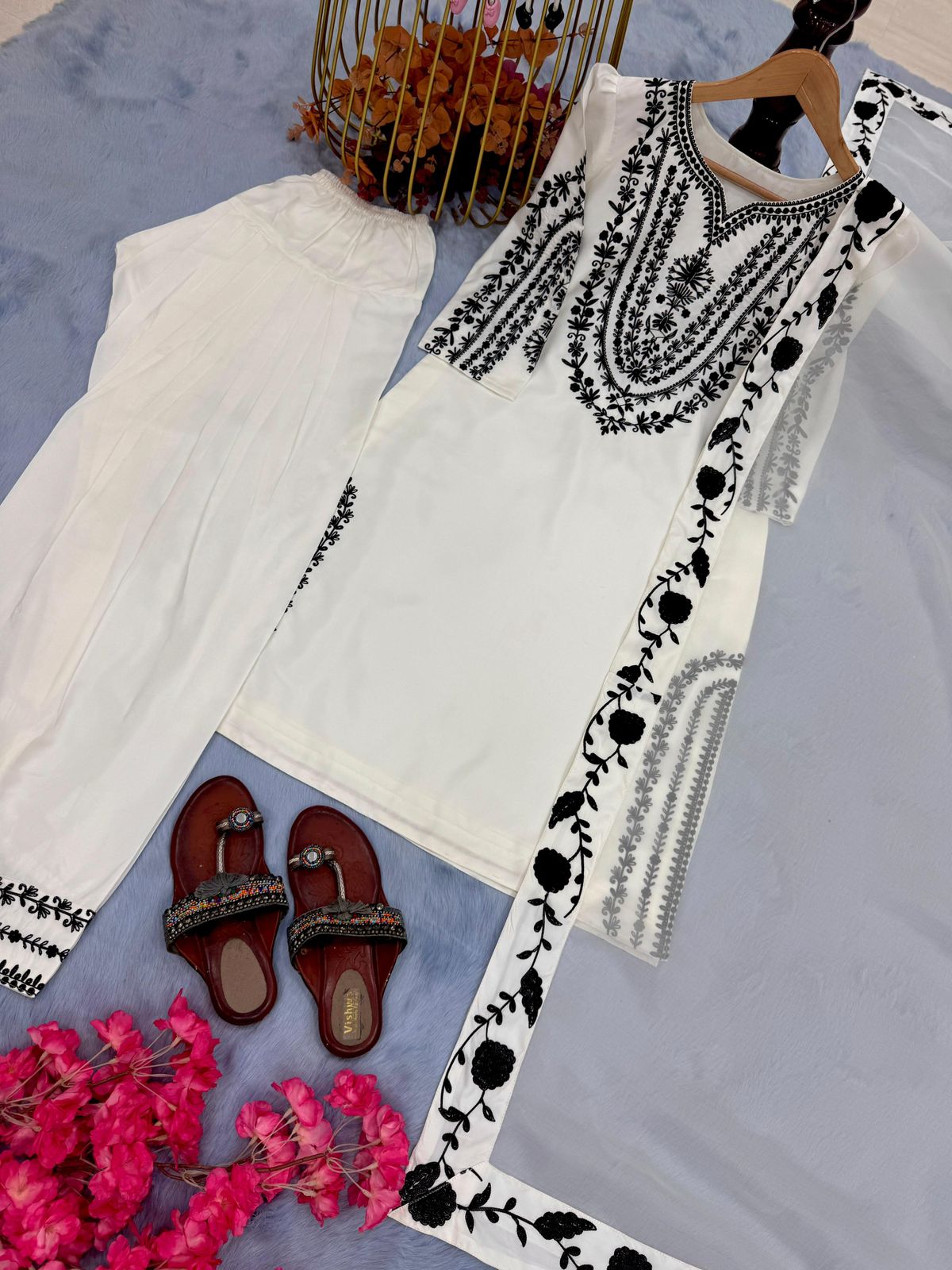 Designer Party Wear Natural Crepe Top & Farshi Palazzo With Dupatta Set