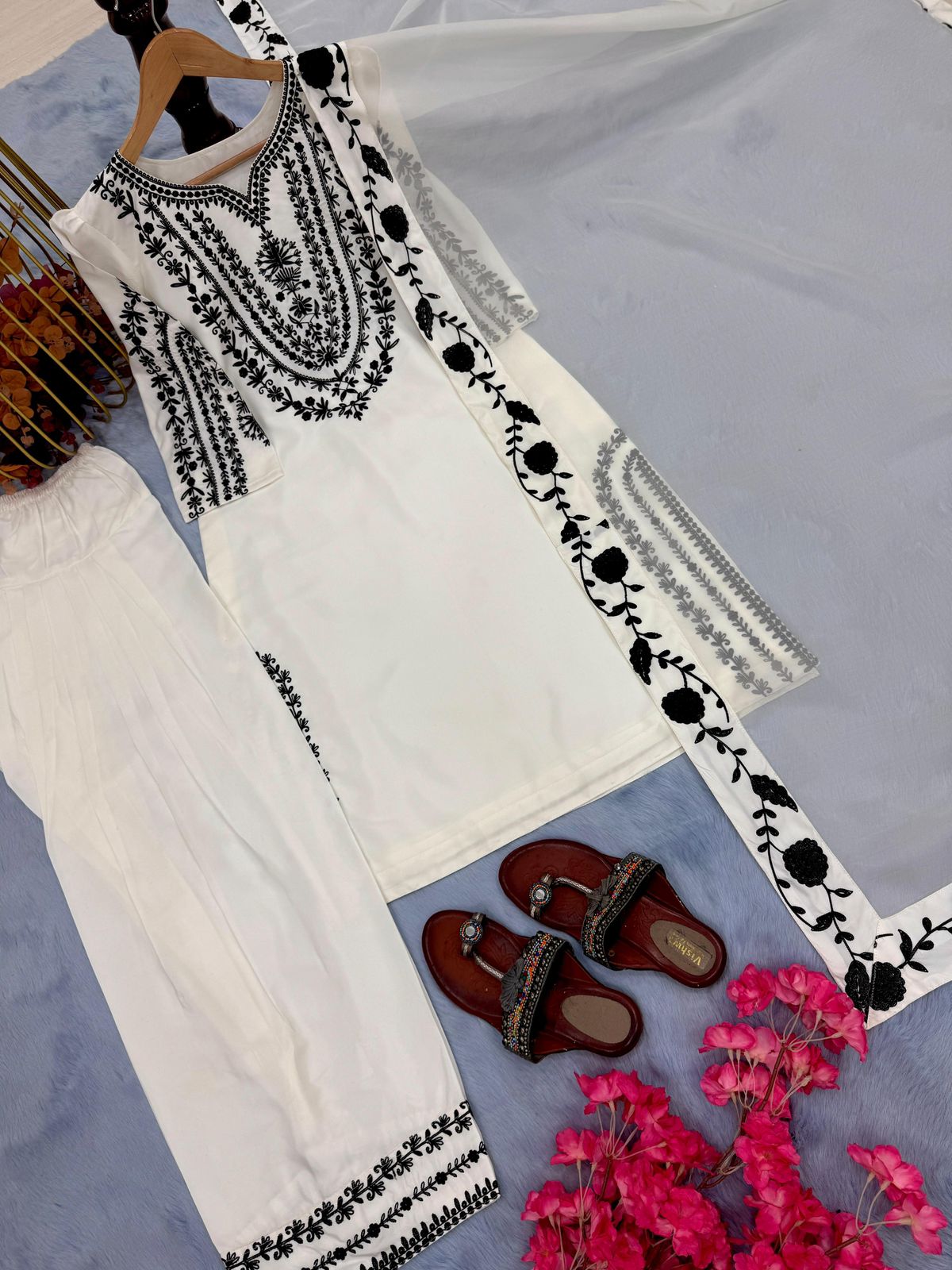 Designer Party Wear Natural Crepe Top & Farshi Palazzo With Dupatta Set