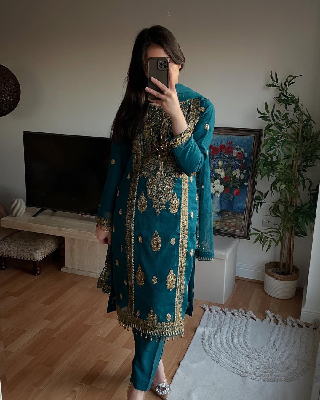 Teal Heavy Chinnon Silk Embroidery Coding Sequence 3-Piece Set with Dupatta