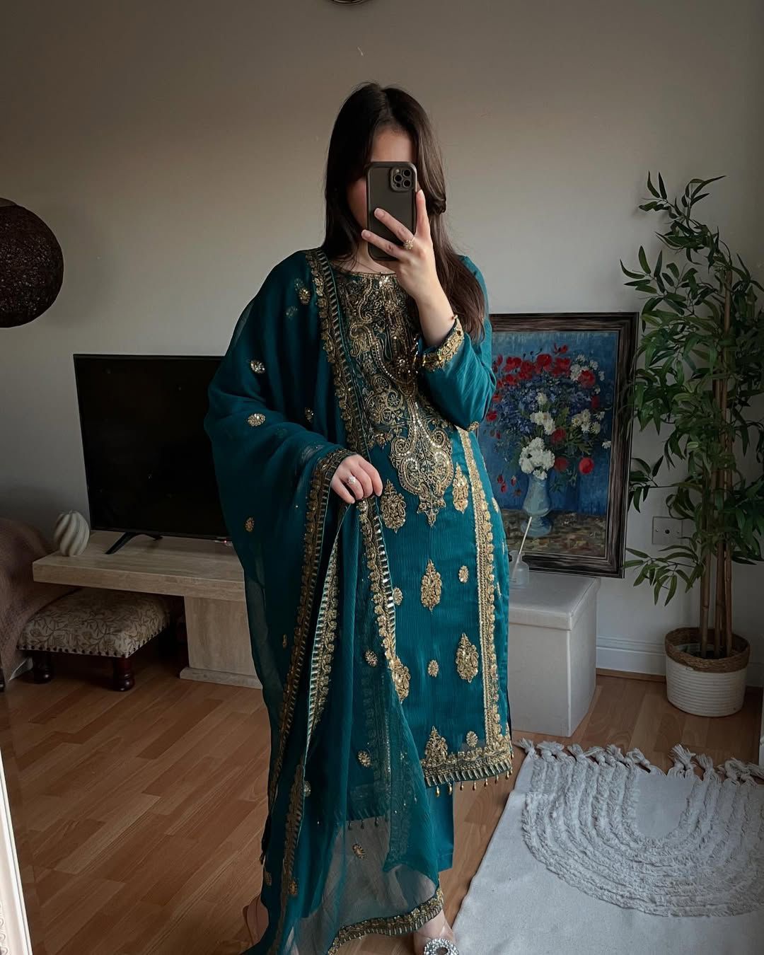 Teal Heavy Chinnon Silk Embroidery Coding Sequence 3-Piece Set with Dupatta