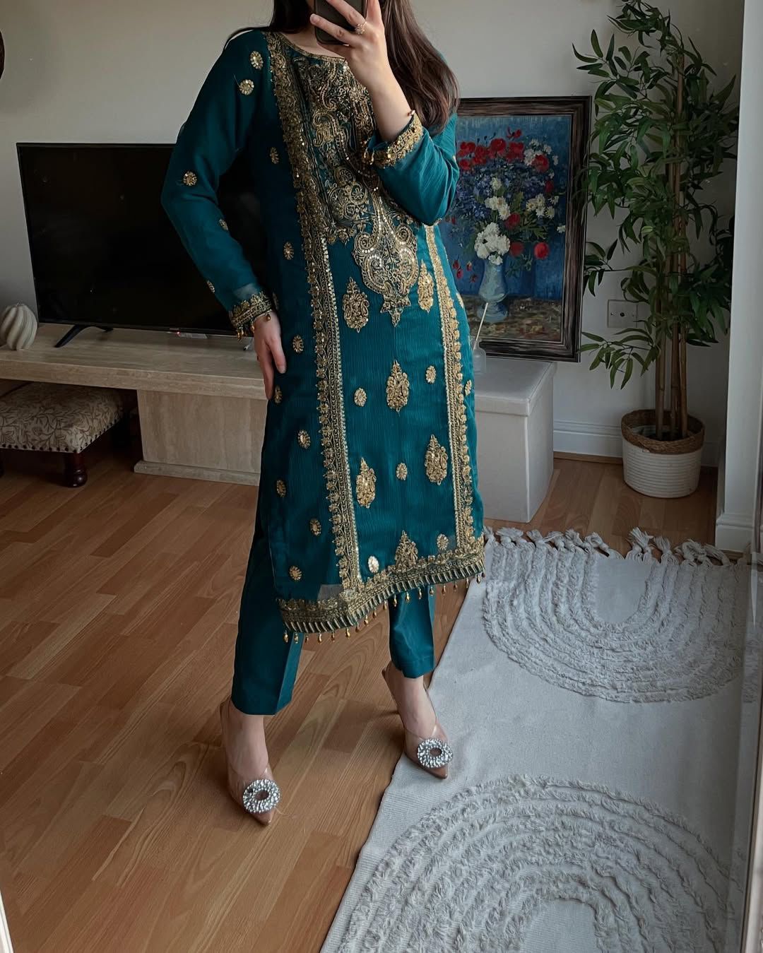 Teal Heavy Chinnon Silk Embroidery Coding Sequence 3-Piece Set with Dupatta