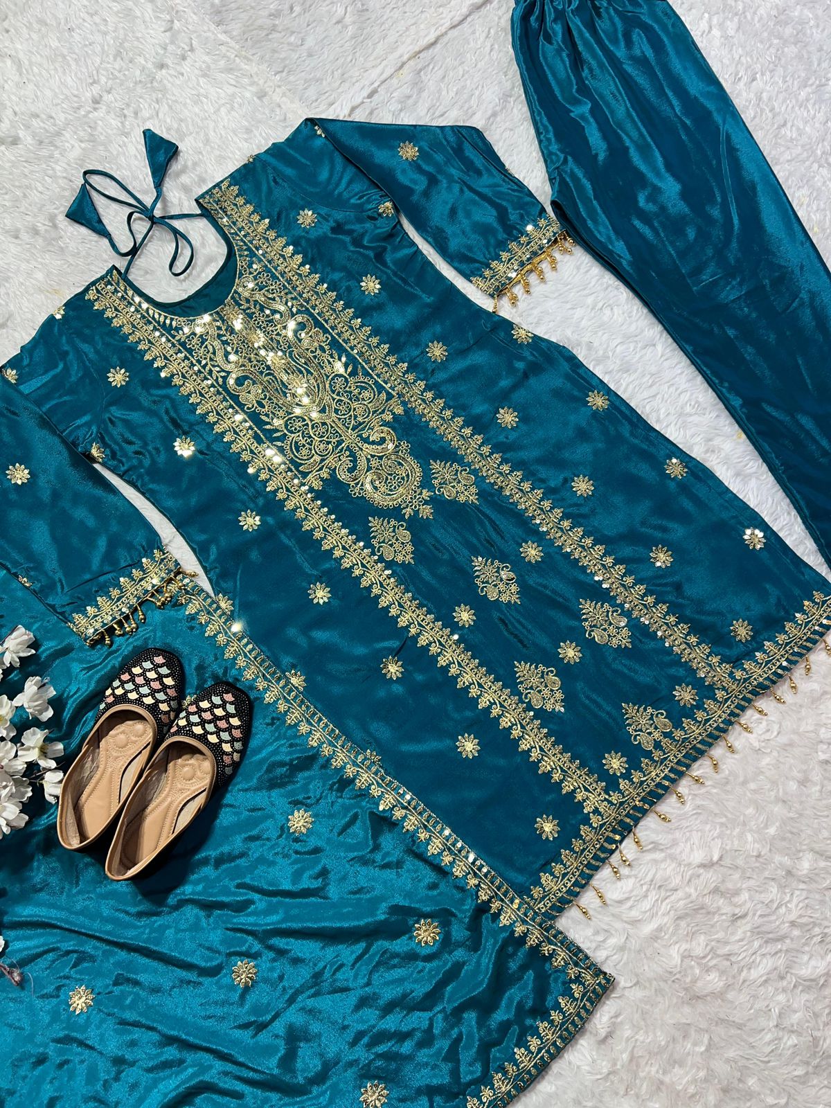 Teal Heavy Chinnon Silk Embroidery Coding Sequence 3-Piece Set with Dupatta