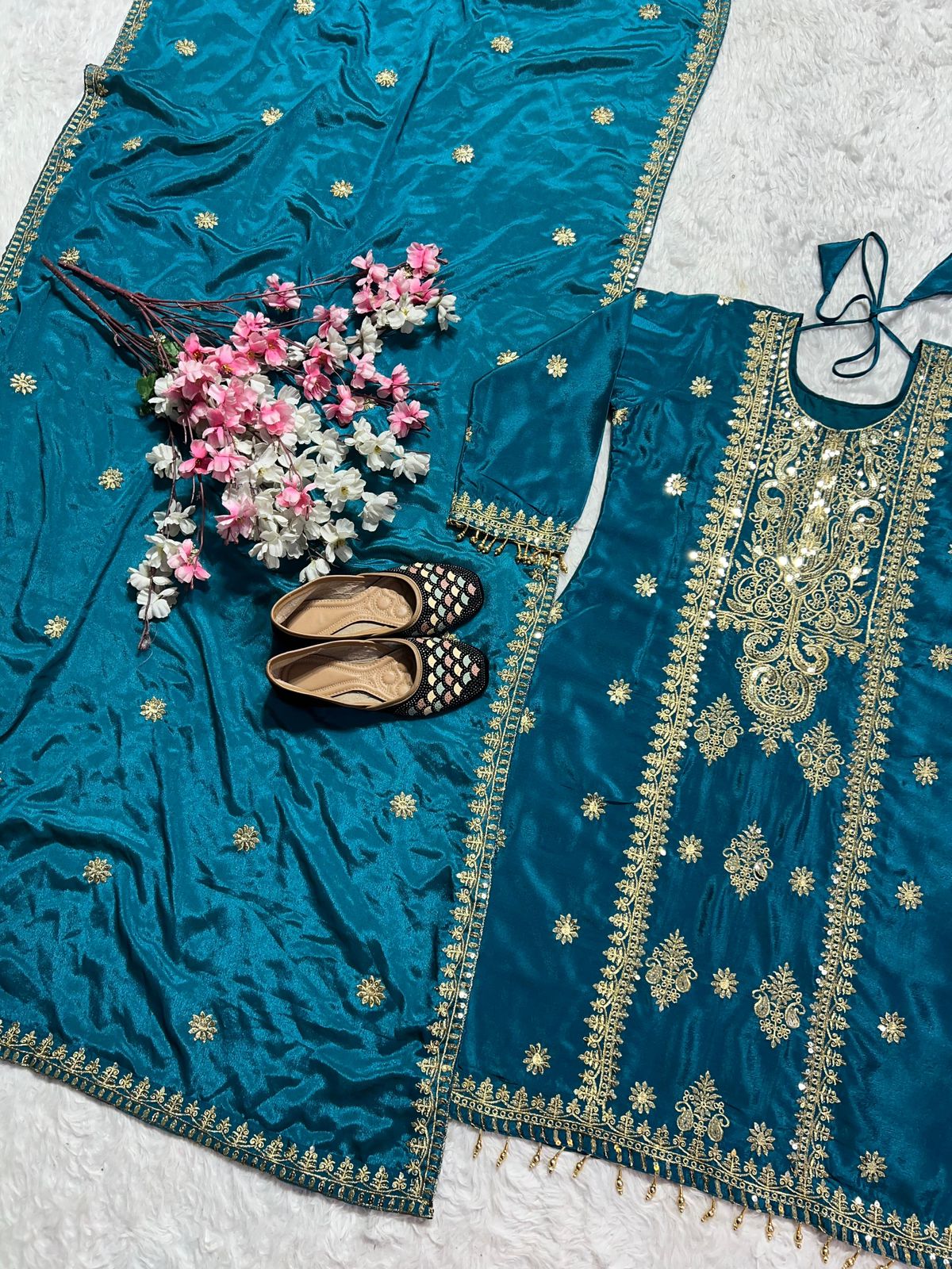 Teal Heavy Chinnon Silk Embroidery Coding Sequence 3-Piece Set with Dupatta