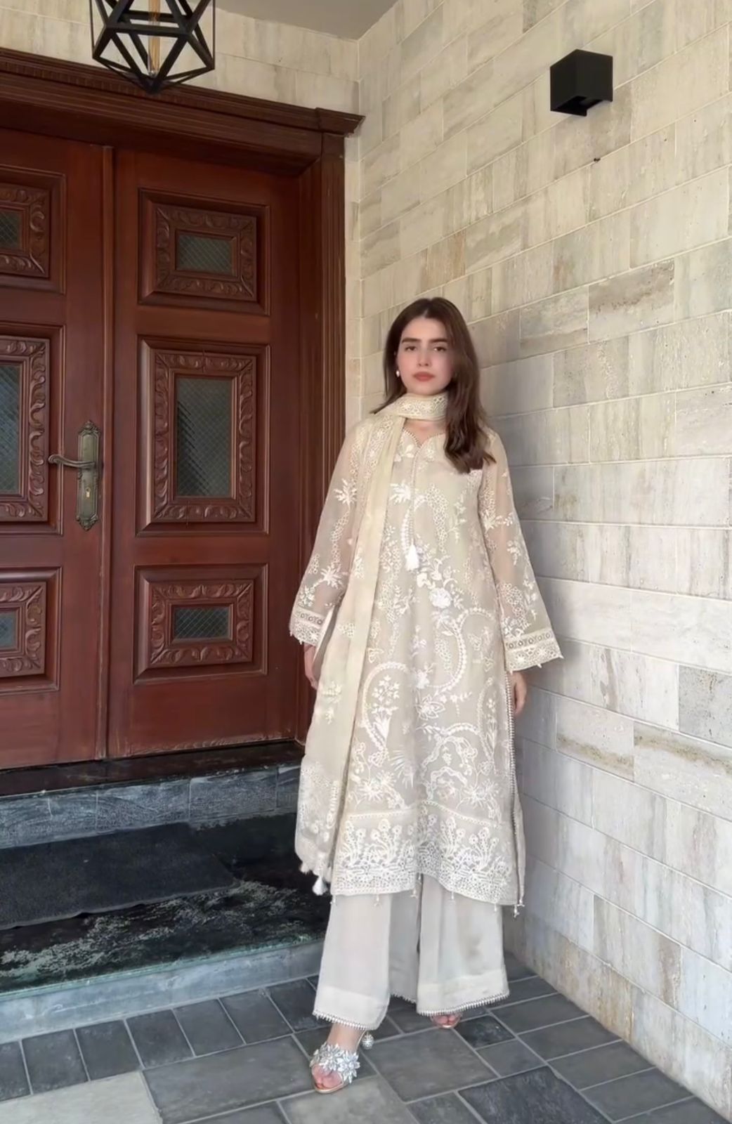 Designer Party Wear Heavy Faux Georgette Embroidery Top Palazzo & Dupatta Set with Moti Latkan