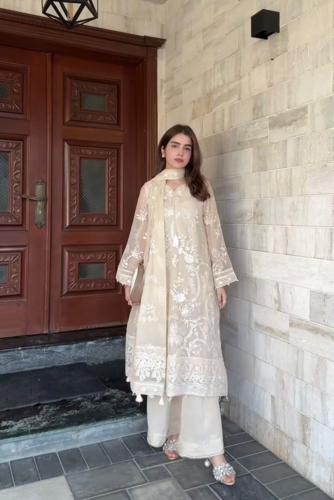 Designer Party Wear Heavy Faux Georgette Embroidery Top Palazzo & Dupatta Set with Moti Latkan