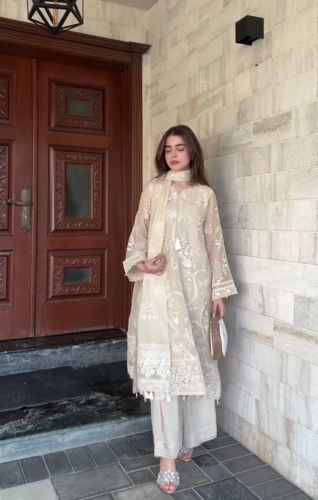 Designer Party Wear Heavy Faux Georgette Embroidery Top Palazzo & Dupatta Set with Moti Latkan