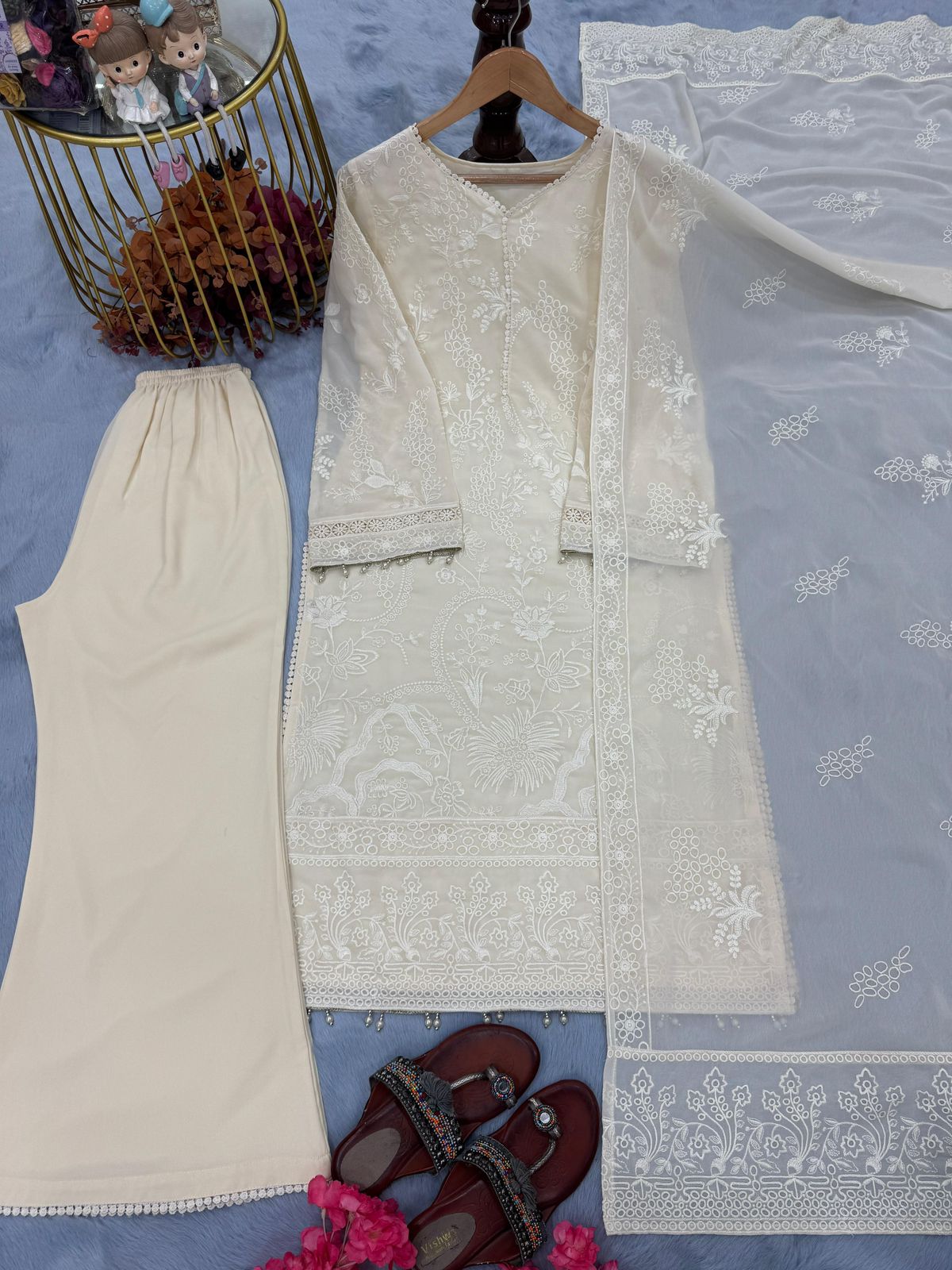 Designer Party Wear Heavy Faux Georgette Embroidery Top Palazzo & Dupatta Set with Moti Latkan