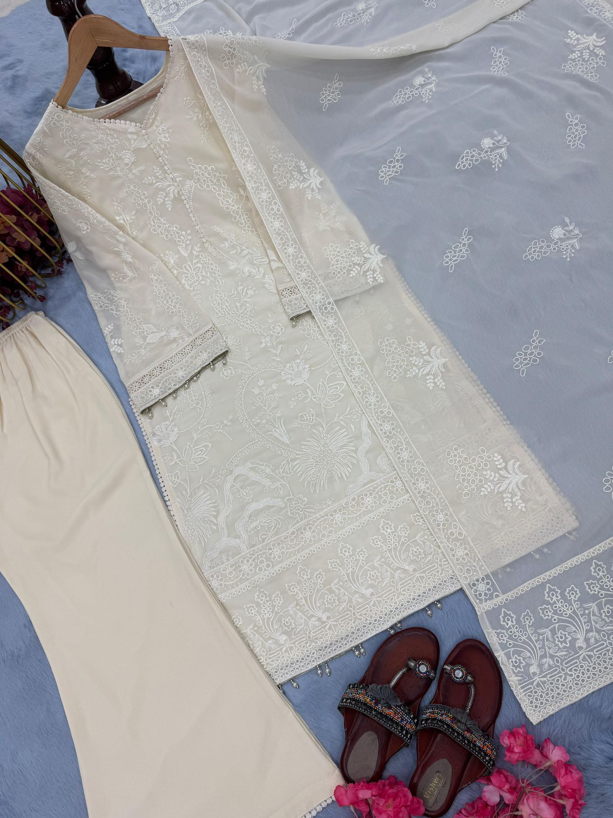 Designer Party Wear Heavy Faux Georgette Embroidery Top Palazzo & Dupatta Set with Moti Latkan