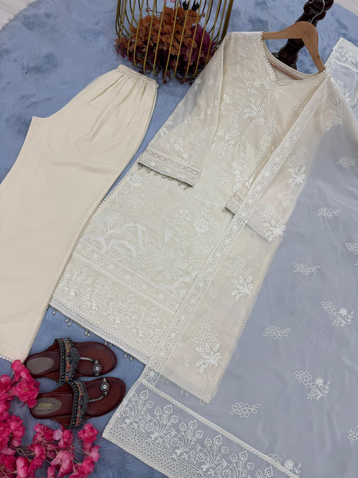 Designer Party Wear Heavy Faux Georgette Embroidery Top Palazzo & Dupatta Set with Moti Latkan