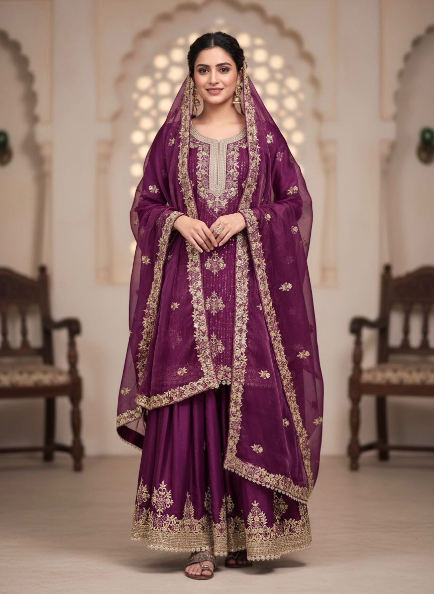 Designer Party Wear Pure GMY Silk Heavy Embroidery Sequence & Diamond Work Top Palazzo & Dupatta Set