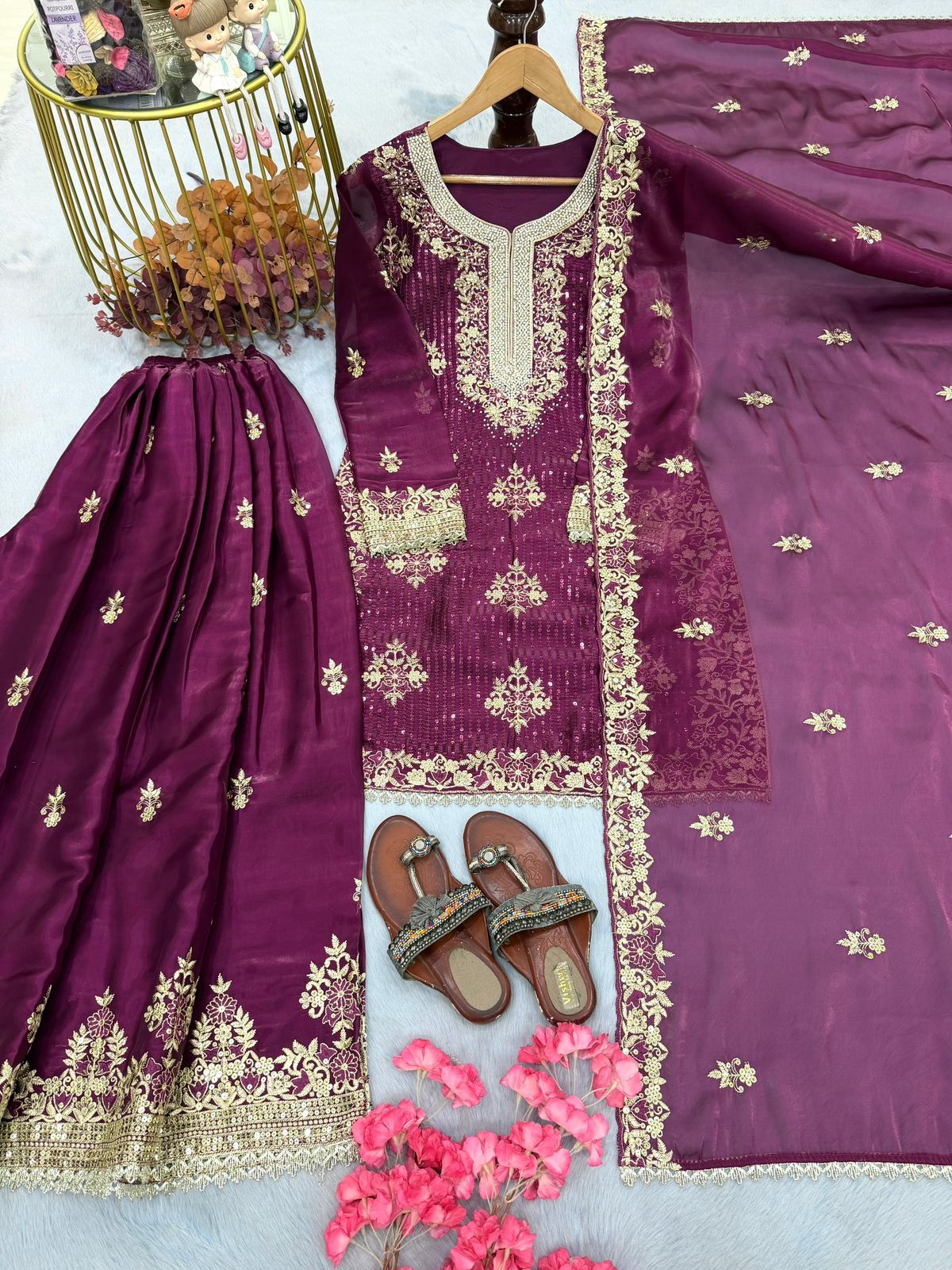 Designer Party Wear Pure GMY Silk Heavy Embroidery Sequence & Diamond Work Top Palazzo & Dupatta Set