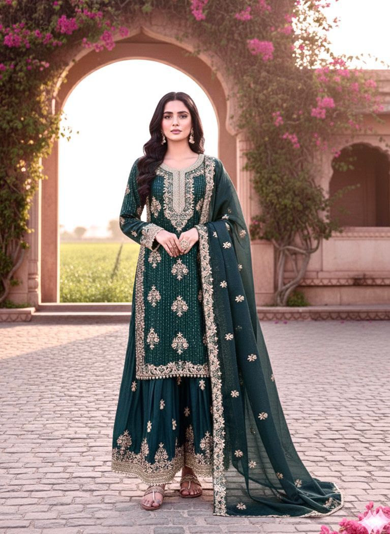 Designer Party Wear Pure GMY Silk Heavy Embroidery Sequence & Diamond Work Top Palazzo & Dupatta Set