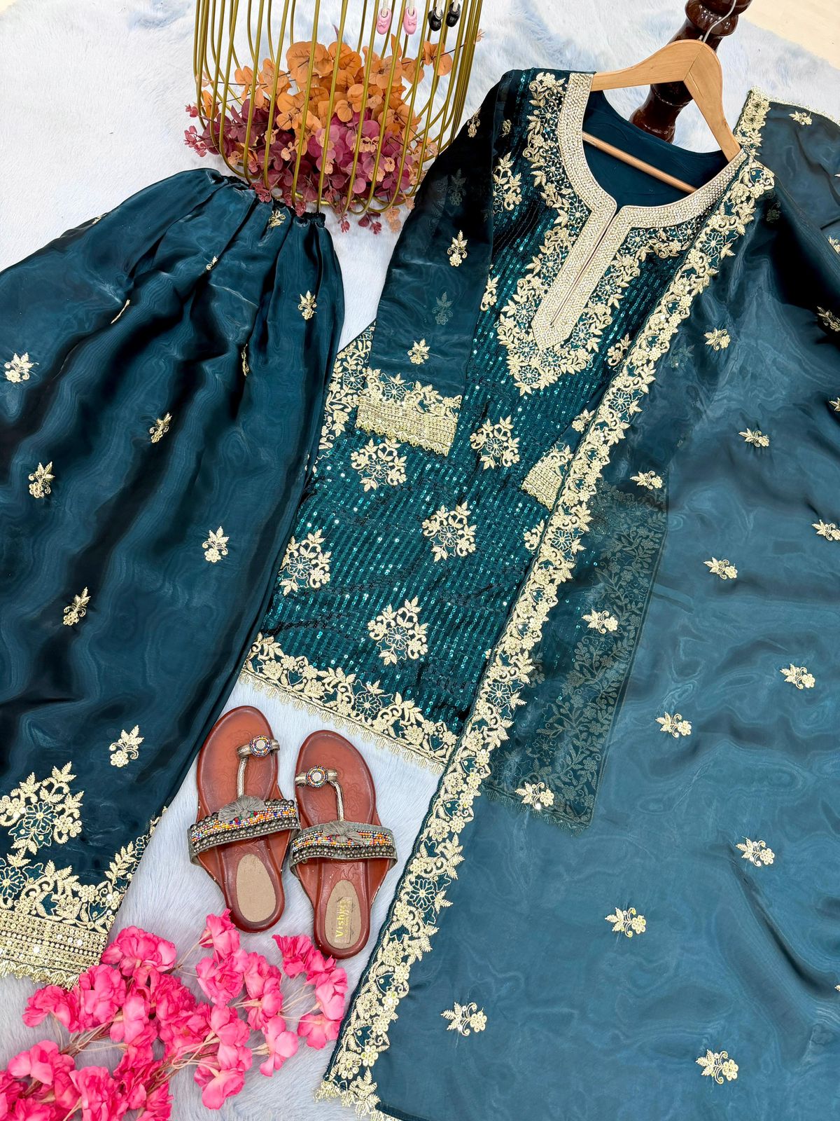 Designer Party Wear Pure GMY Silk Heavy Embroidery Sequence & Diamond Work Top Palazzo & Dupatta Set