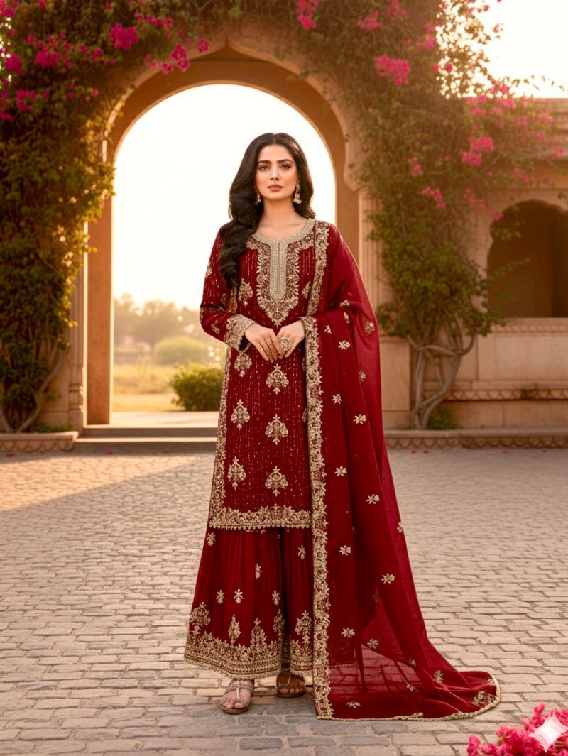 Designer Party Wear Pure GMY Silk Heavy Embroidery Sequence & Diamond Work Top Palazzo & Dupatta Set