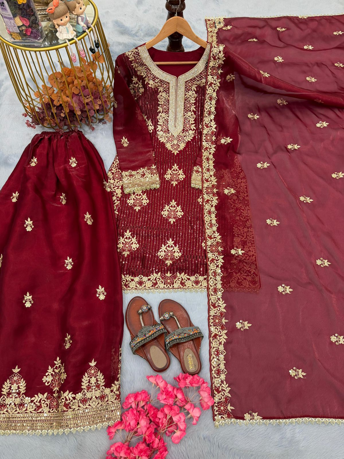 Designer Party Wear Pure GMY Silk Heavy Embroidery Sequence & Diamond Work Top Palazzo & Dupatta Set