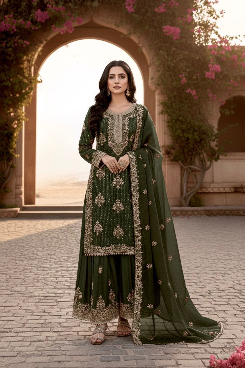Designer Party Wear Pure GMY Silk Heavy Embroidery Sequence & Diamond Work Top Palazzo & Dupatta Set