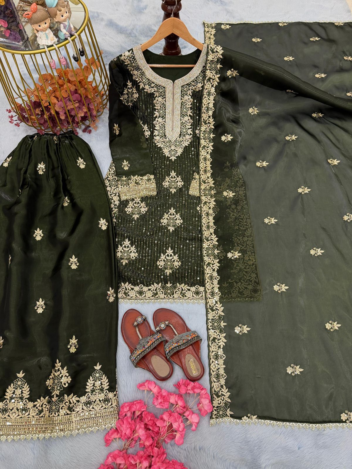 Designer Party Wear Pure GMY Silk Heavy Embroidery Sequence & Diamond Work Top Palazzo & Dupatta Set