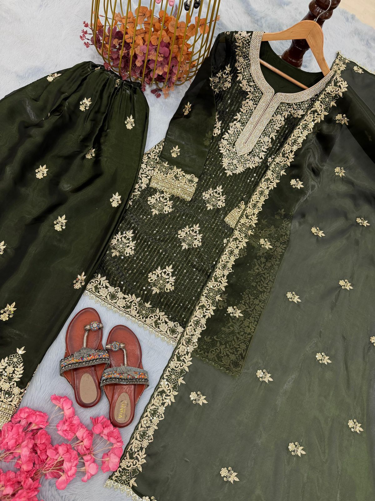 Designer Party Wear Pure GMY Silk Heavy Embroidery Sequence & Diamond Work Top Palazzo & Dupatta Set