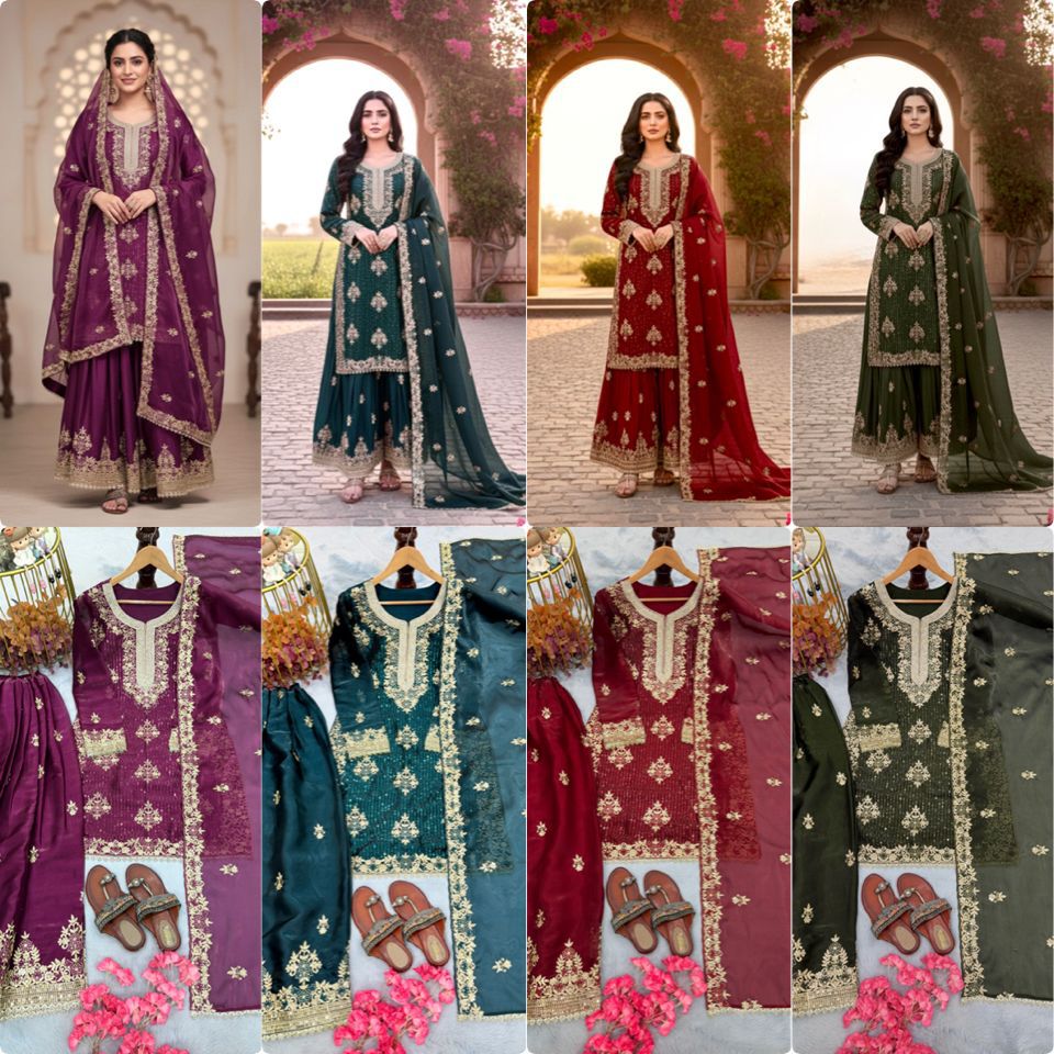Designer Party Wear Pure GMY Silk Heavy Embroidery Sequence & Diamond Work Top Palazzo & Dupatta Set