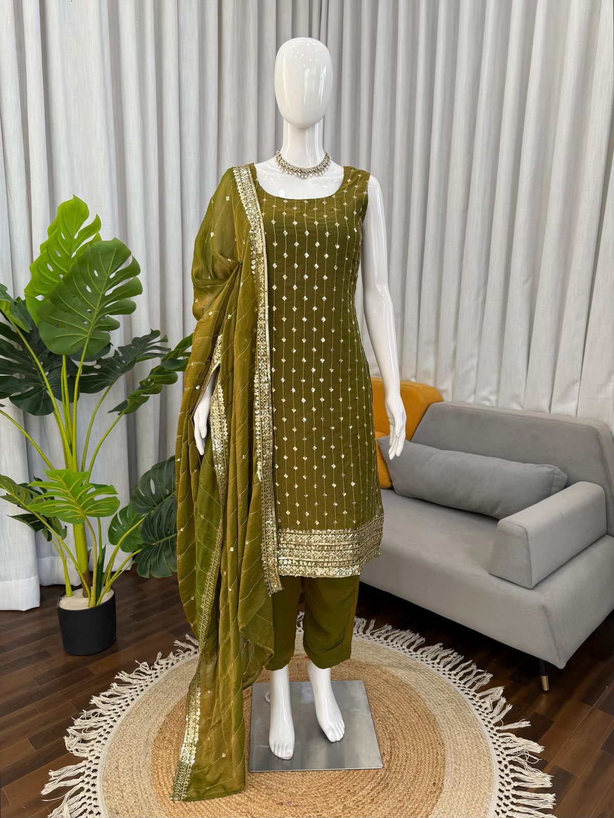 Designer Heavy Fendy Silk Thread & Sequence Work Top Pant & Dupatta Set