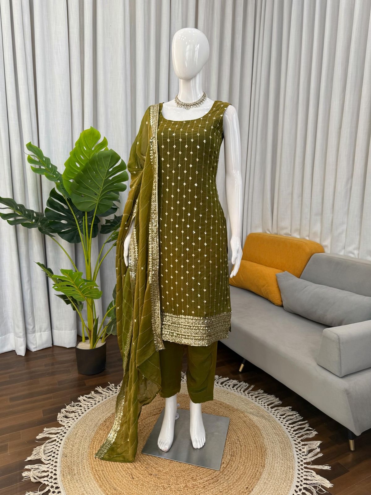 Designer Heavy Fendy Silk Thread & Sequence Work Top Pant & Dupatta Set
