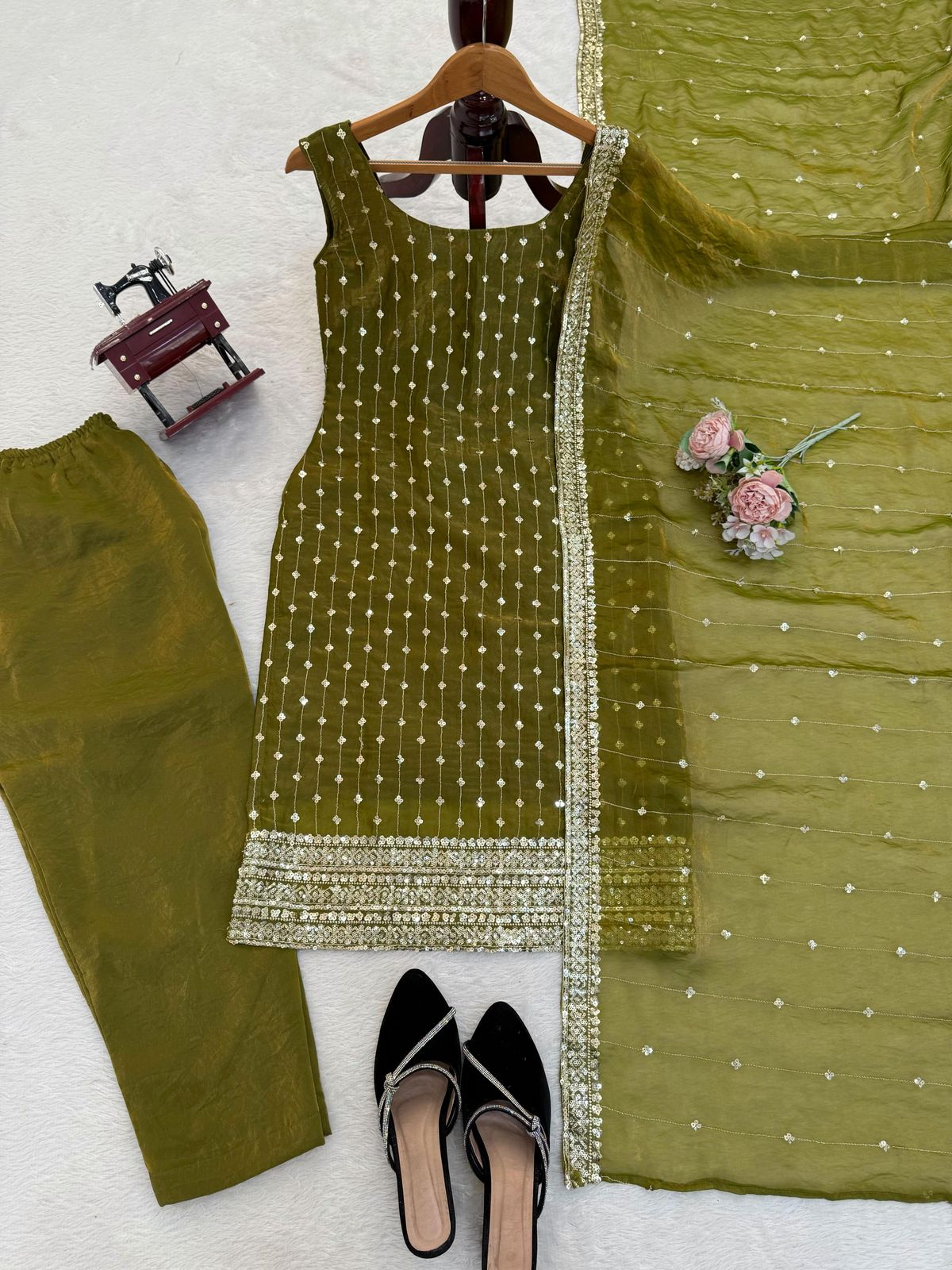 Designer Heavy Fendy Silk Thread & Sequence Work Top Pant & Dupatta Set
