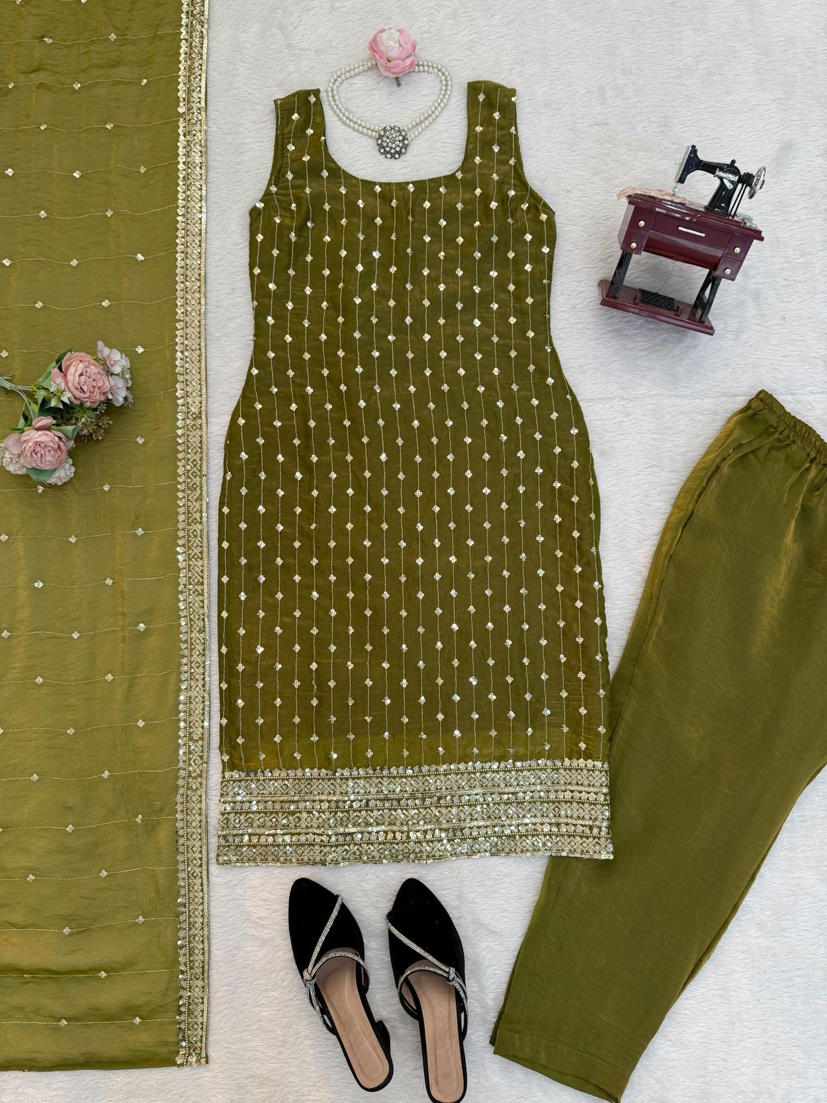 Designer Heavy Fendy Silk Thread & Sequence Work Top Pant & Dupatta Set