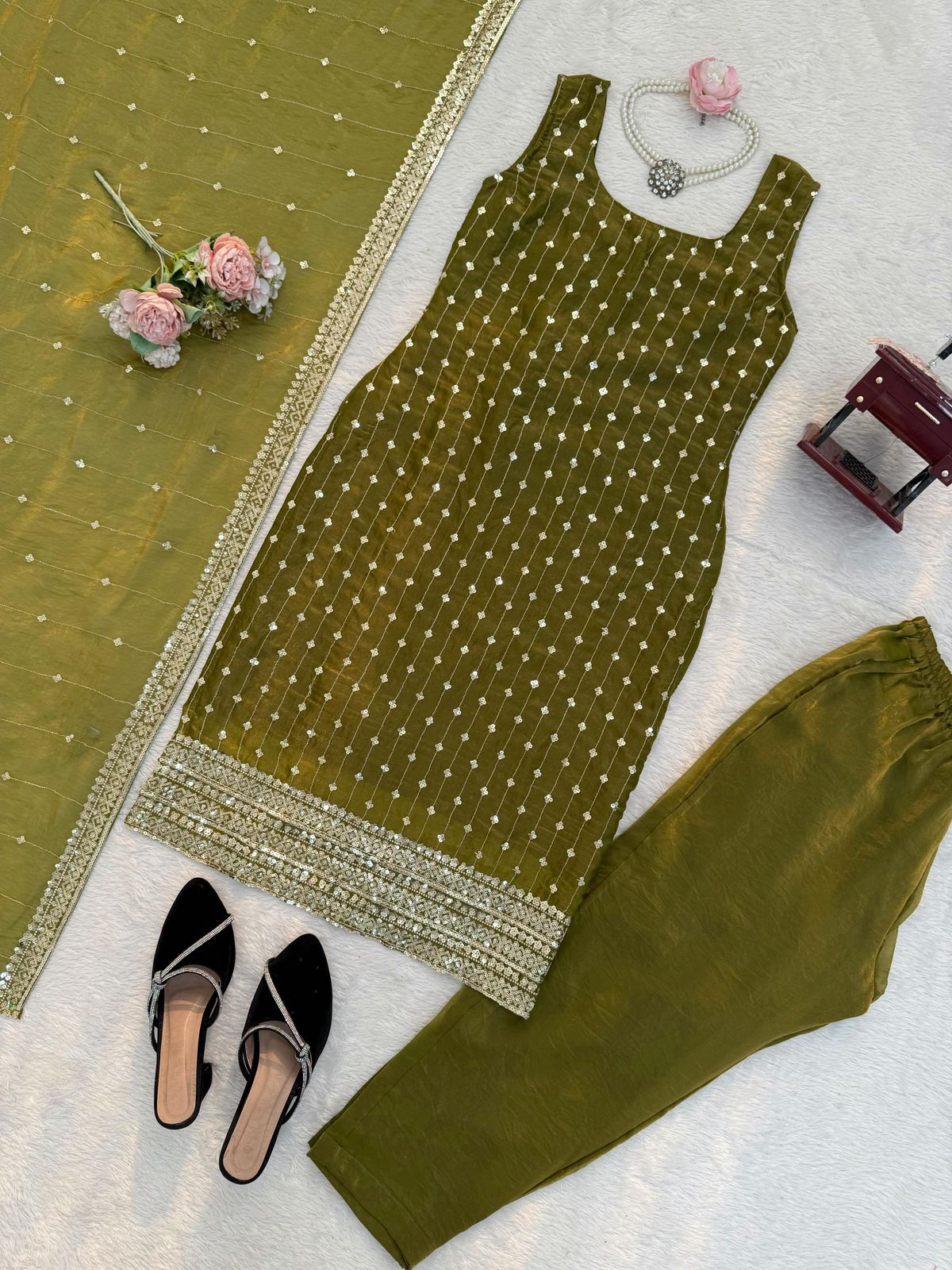 Designer Heavy Fendy Silk Thread & Sequence Work Top Pant & Dupatta Set