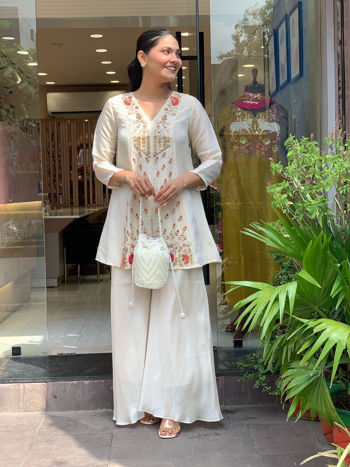 Ivory Silk Heavy Embroidered Festive Coord Set with Palazzo