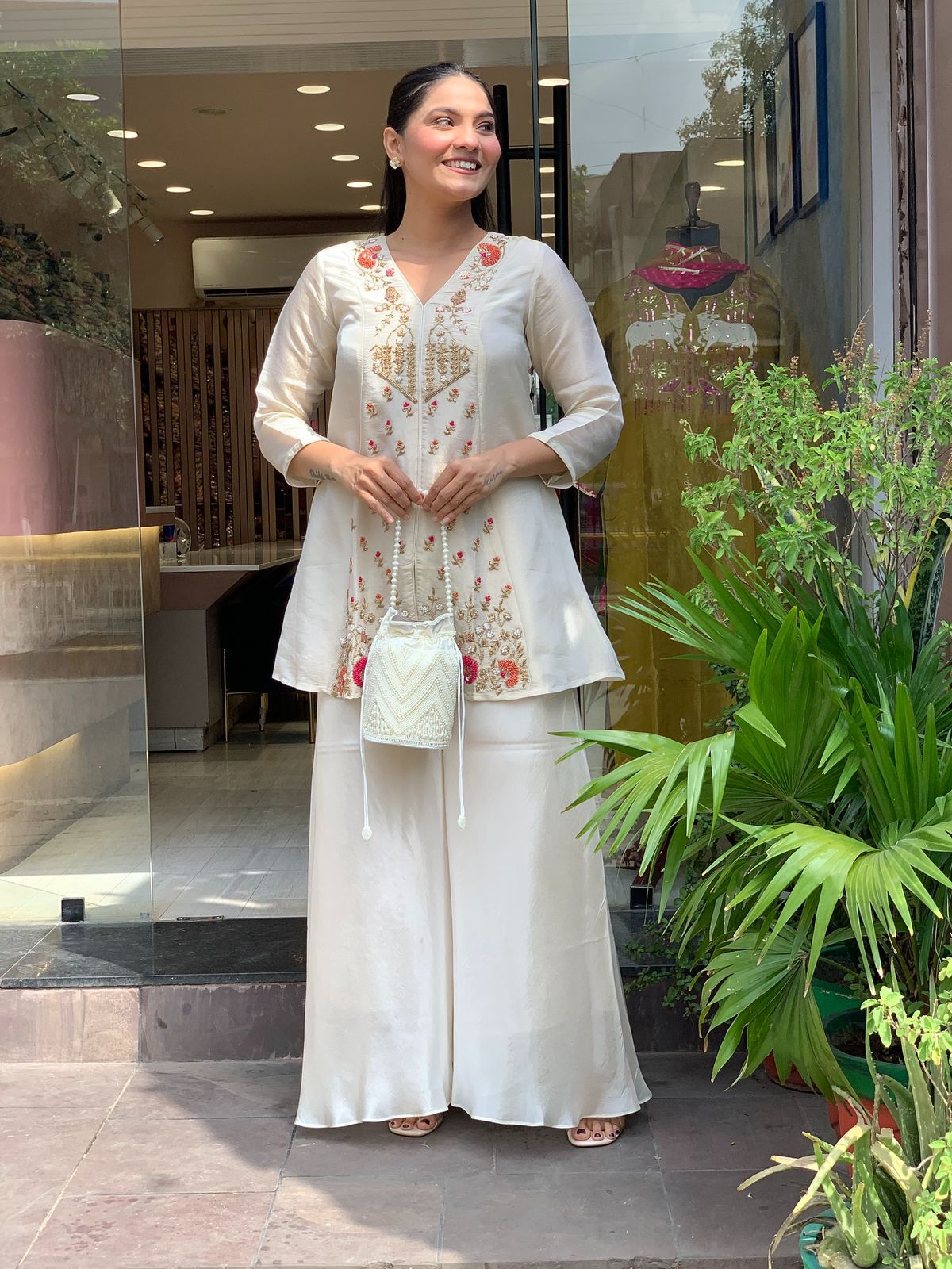 Ivory Silk Heavy Embroidered Festive Coord Set with Palazzo