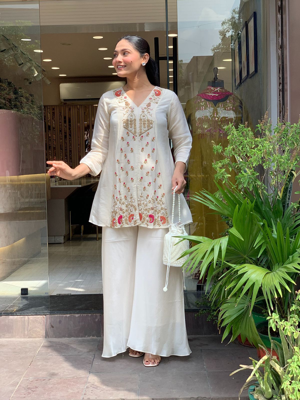 Ivory Silk Heavy Embroidered Festive Coord Set with Palazzo