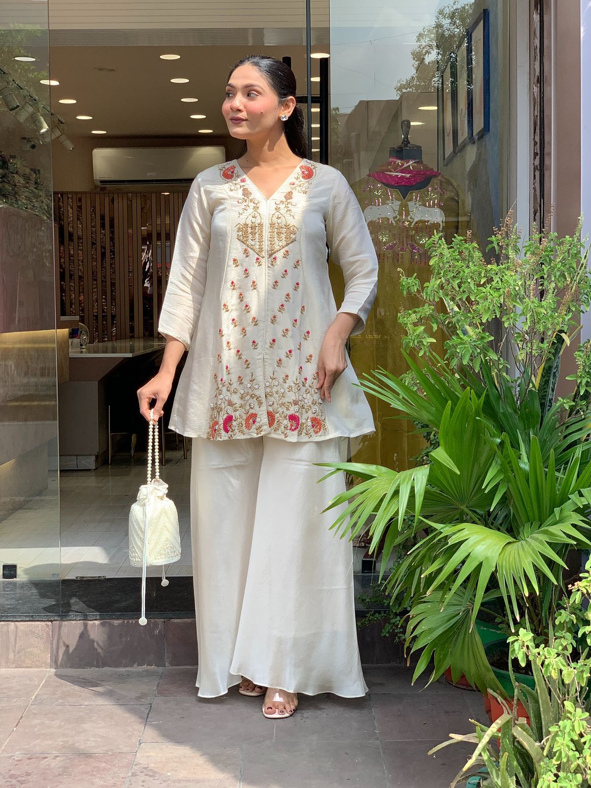 Ivory Silk Heavy Embroidered Festive Coord Set with Palazzo