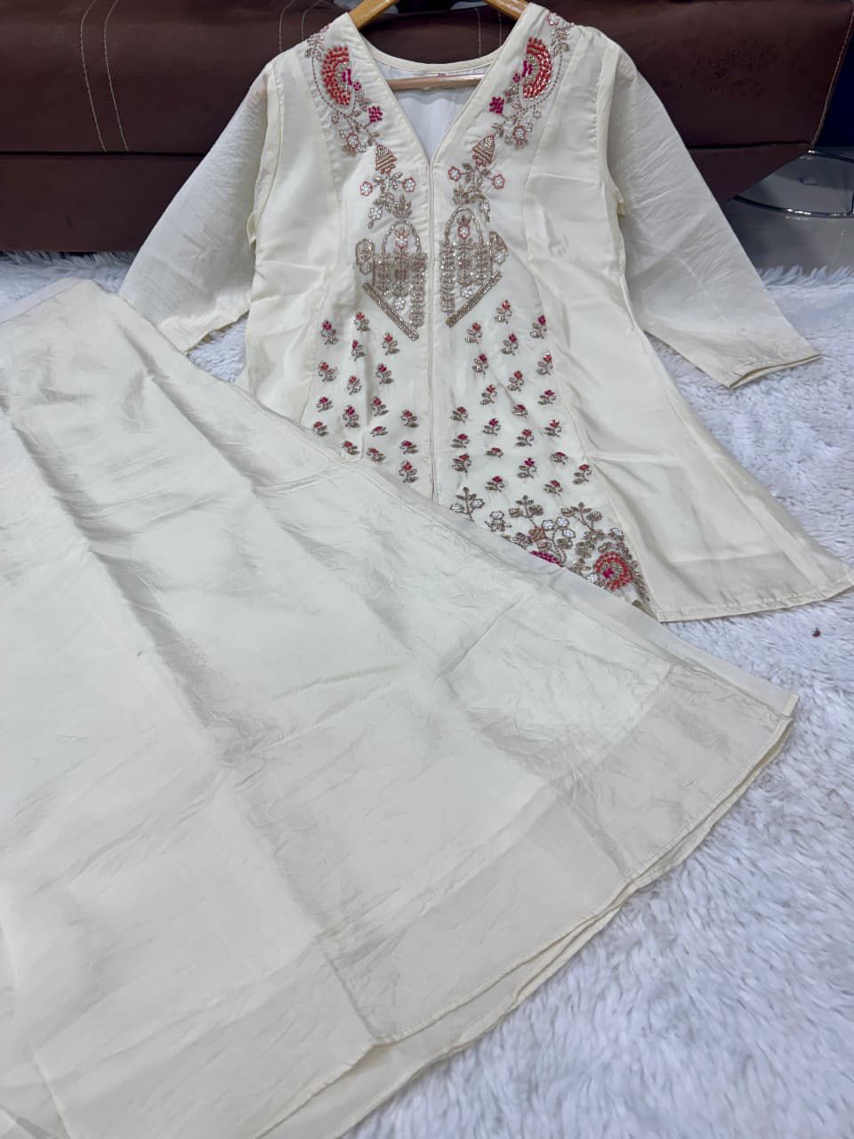 Ivory Silk Heavy Embroidered Festive Coord Set with Palazzo