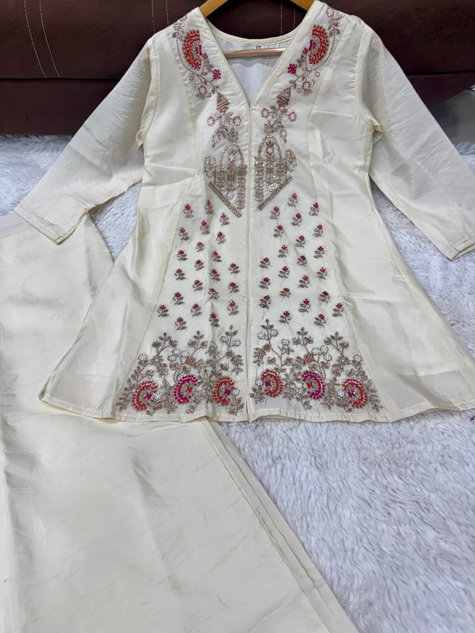 Ivory Silk Heavy Embroidered Festive Coord Set with Palazzo