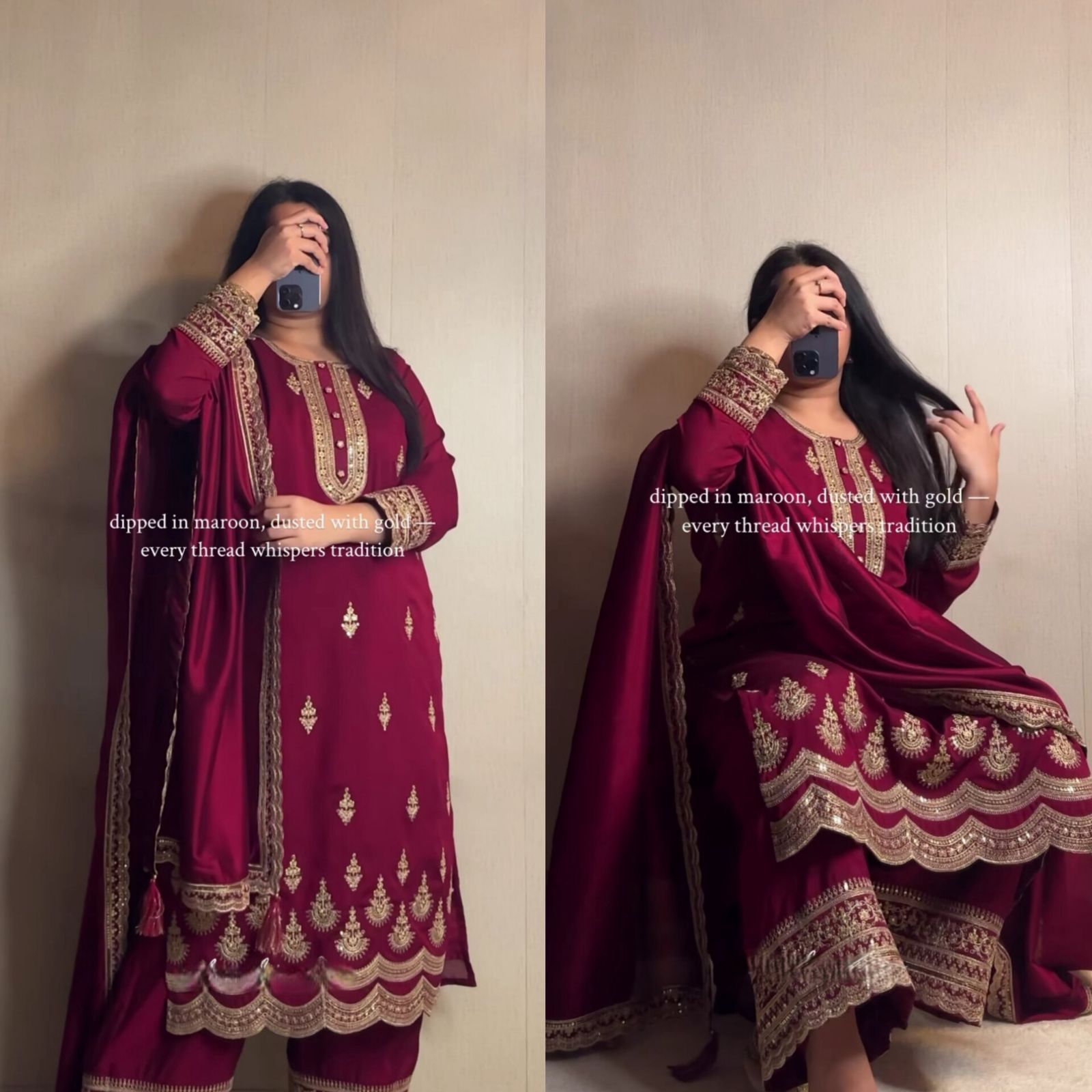 Maroon Natural Crepe Silk Heavy Embroidery Sequence Work Top Pant & Dupatta Set