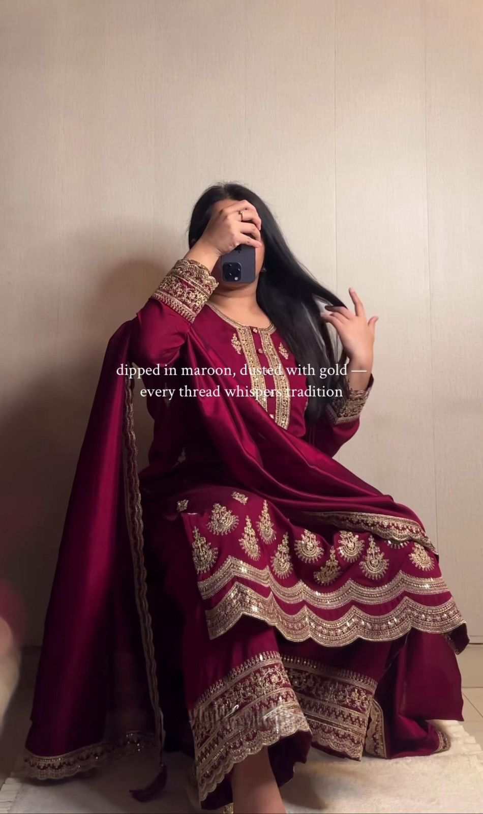Maroon Natural Crepe Silk Heavy Embroidery Sequence Work Top Pant & Dupatta Set