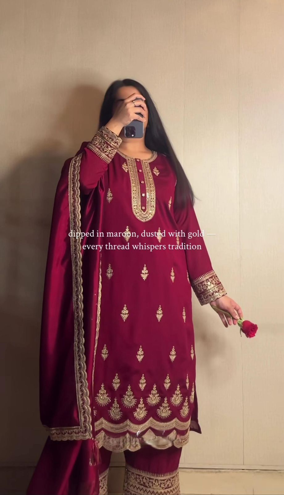 Maroon Natural Crepe Silk Heavy Embroidery Sequence Work Top Pant & Dupatta Set