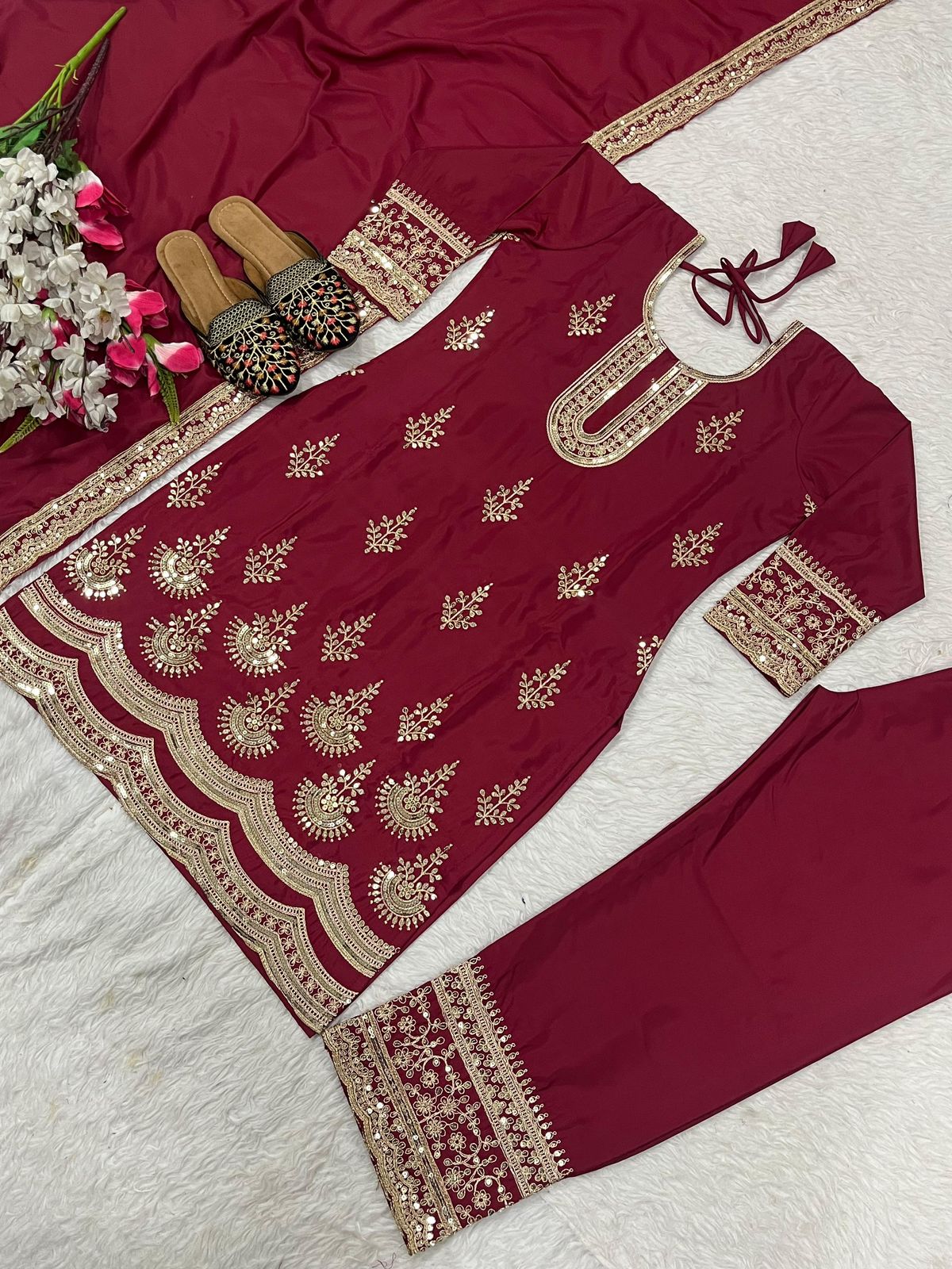 Maroon Natural Crepe Silk Heavy Embroidery Sequence Work Top Pant & Dupatta Set