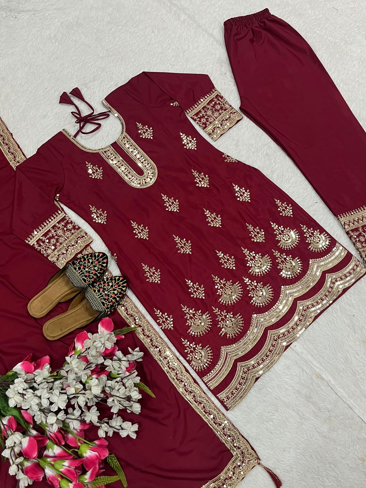 Maroon Natural Crepe Silk Heavy Embroidery Sequence Work Top Pant & Dupatta Set