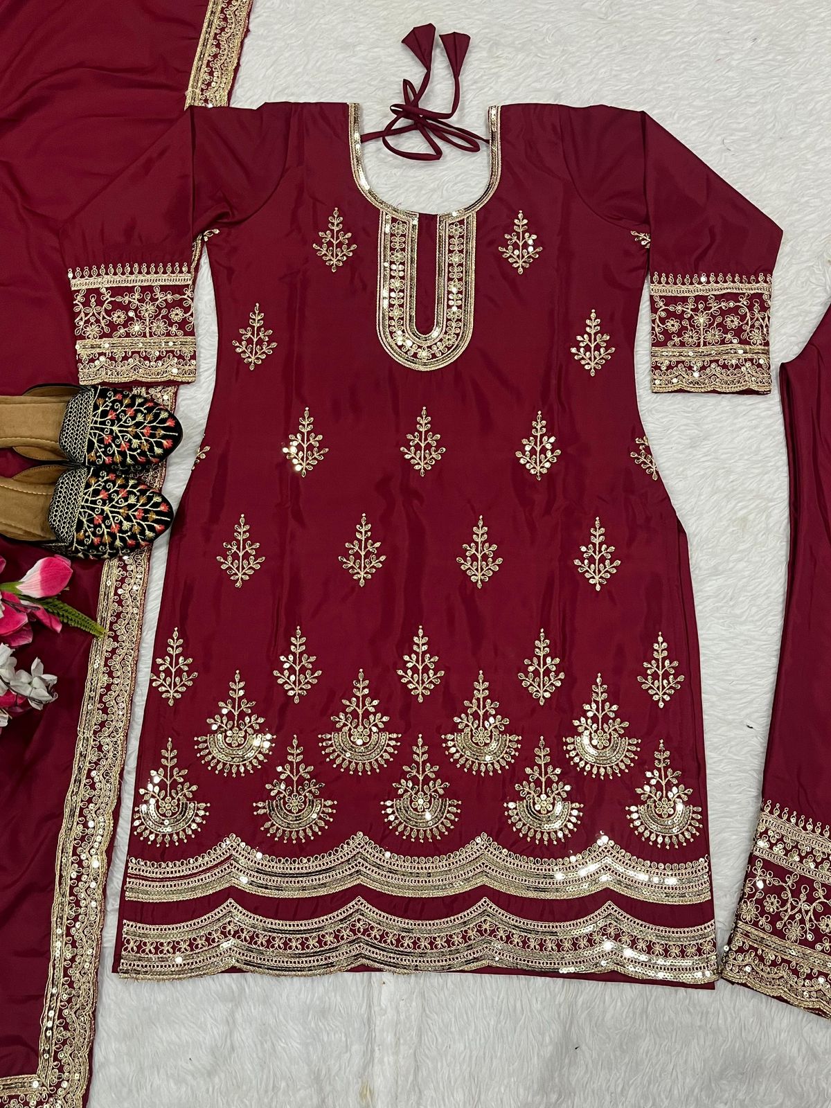 Maroon Natural Crepe Silk Heavy Embroidery Sequence Work Top Pant & Dupatta Set
