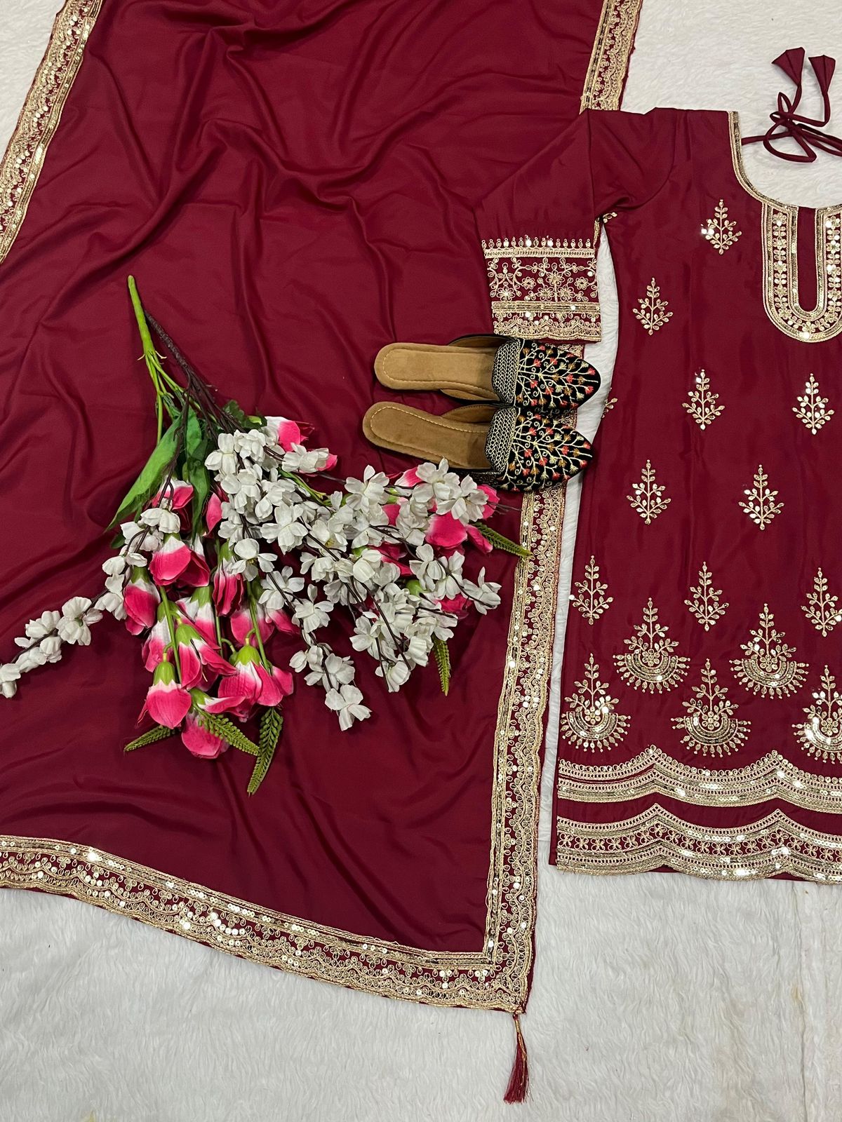 Maroon Natural Crepe Silk Heavy Embroidery Sequence Work Top Pant & Dupatta Set