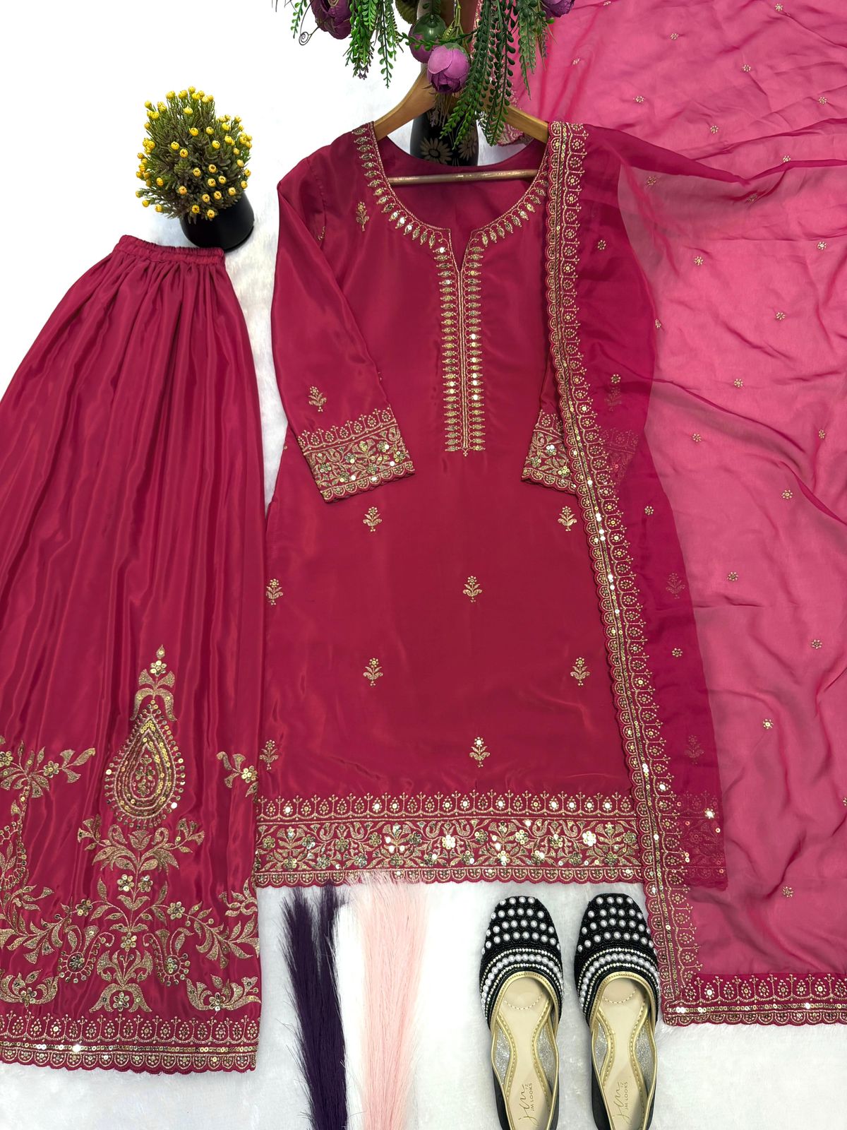 Crimson Embroidered Sharara Set with Dupatta