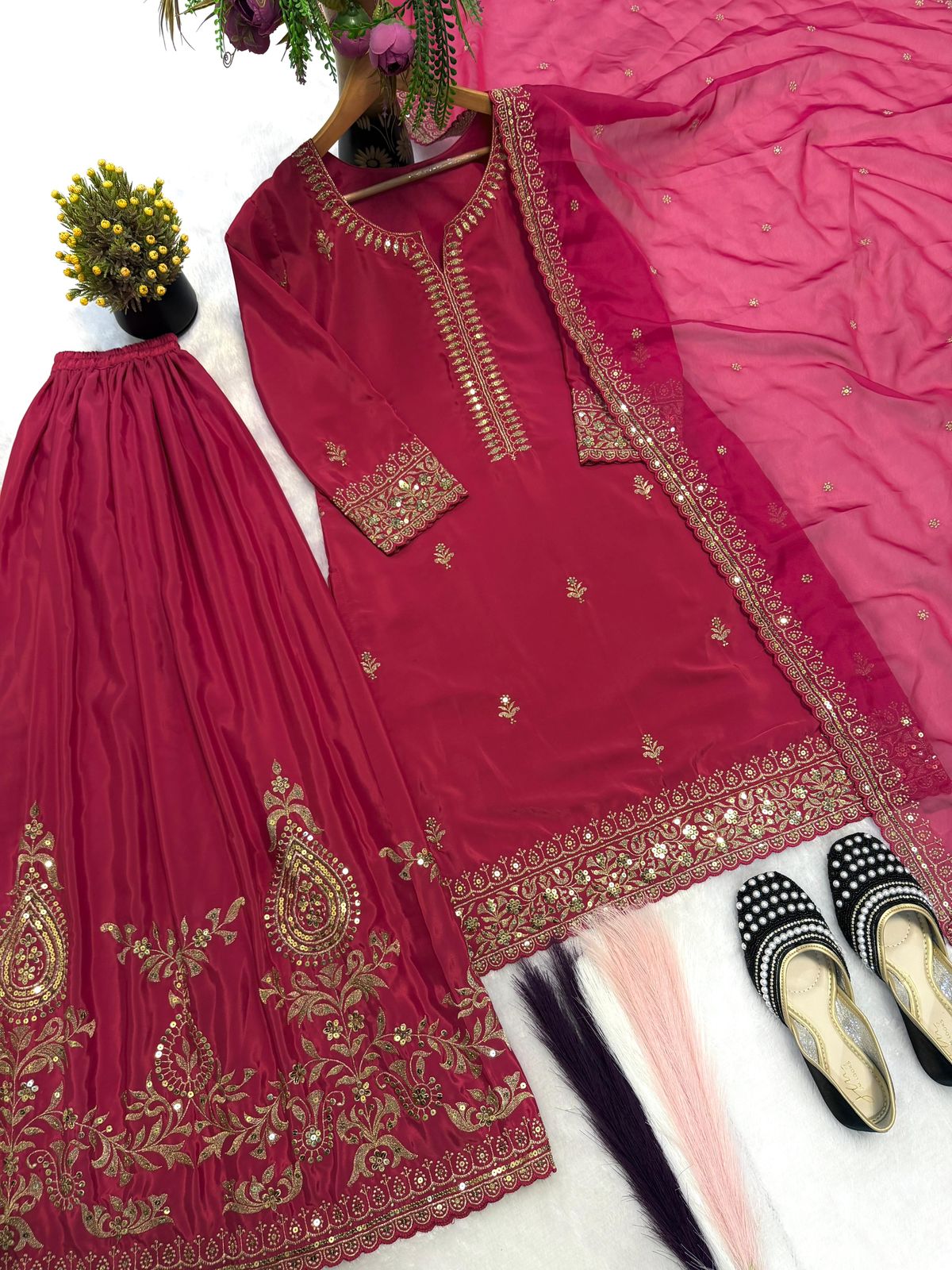Crimson Embroidered Sharara Set with Dupatta